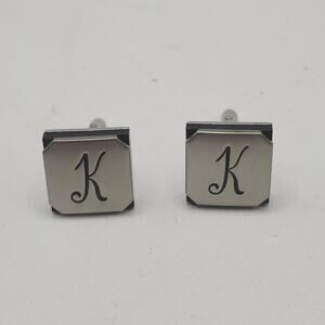Vintage Swank K Letter Cufflinks Silver Tone Square Black Enamel Corner Menswear
